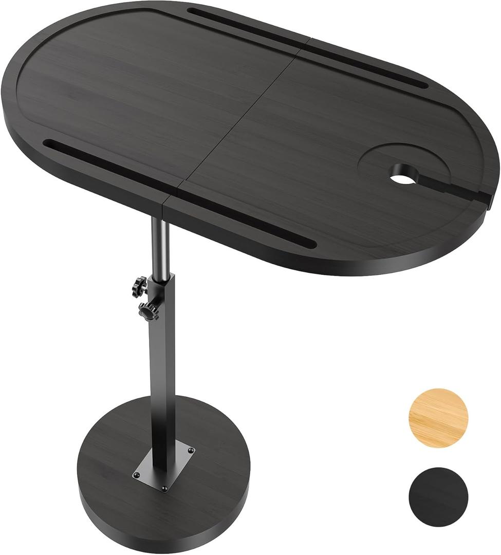 NiHome Bamboo Large Swivel TV Tray Table with Thickened Stable Non-Tipping Base, Adjustable Height Couch End Table Tray 360° Rotating for Bedside Sofa Bathtub Side Balcony (Black)