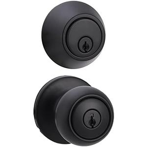 Amazon Basics Exterior Door Knob with Key Lock and Deadbolt, Keyed Alike, Coastal, Matte Black