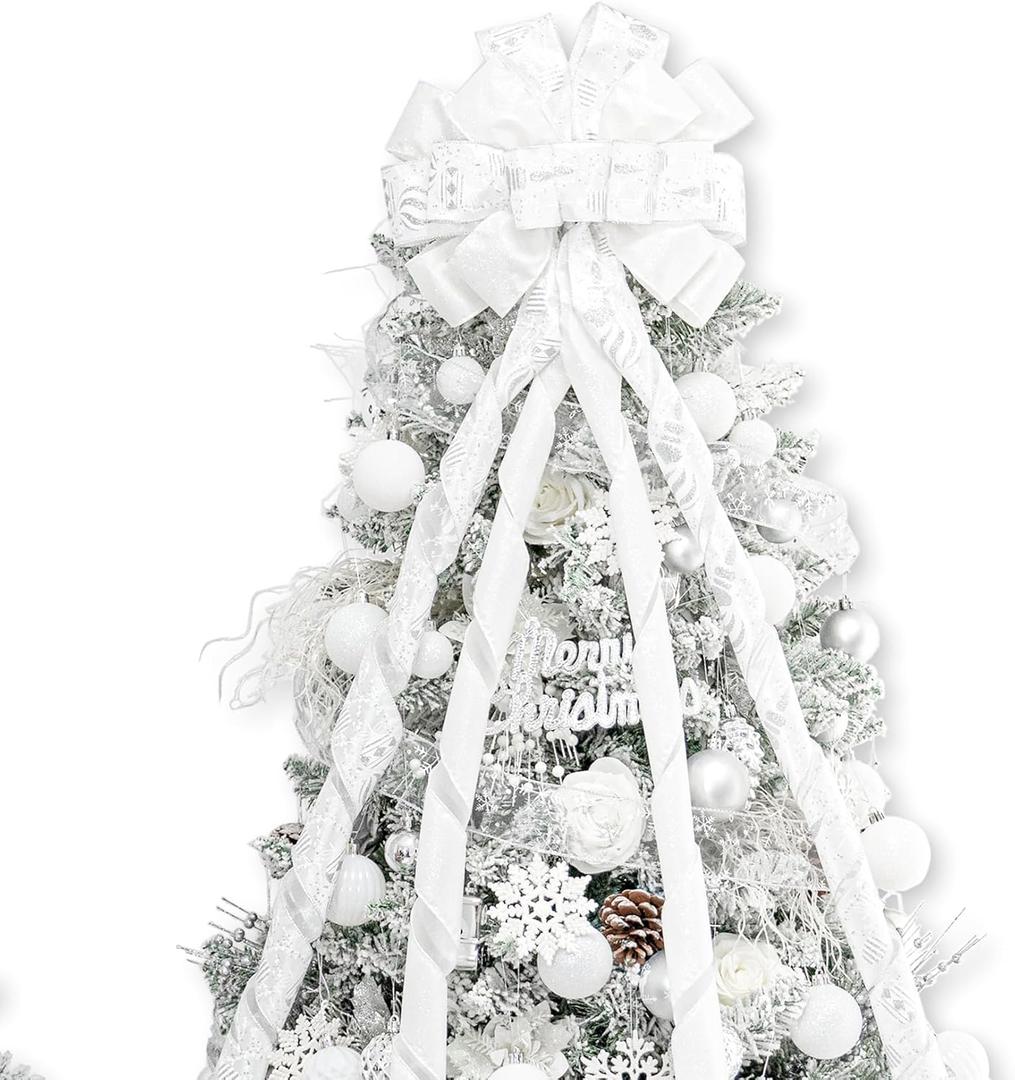 Christmas Tree Topper Bow53x13 Inches Large Christmas Bow with Glitter Streamer and Patterned RibbonDecorative Bows for Xmas Tree Wreath Door Festival Home Decor(White)