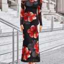 ZESICA Women's Long Sleeve Floral Maxi Dress 2026 Fall Off Shoulder Bodycon Ruched Mesh Cocktail Wedding Guest Dresses (XL)
