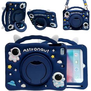 3D Cute Press Astronaut Case for Samsung Galaxy Tab A9 8.7 inch 2023 SM-X110/X115/X117,Kawaii Cartoon Character Space Soft Silicone Rotating Stand Case with Lanyard for Kids Teens Girls Women
