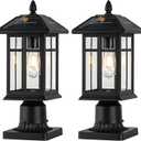 Solar Post Lights 2 Packs, Waterproof Post Lantern with Pier Mount Base, Aluminum Post Lamp Warm White Bulb Included for Yard Garden Pillar Pole Pathway (Black)