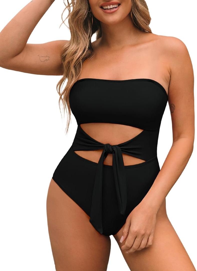 Pink Queen Women Bandeau One Piece Swimsuit Removable Strap Cutout Tie High Waist Bathing Suit Monokini (Medium, Black)