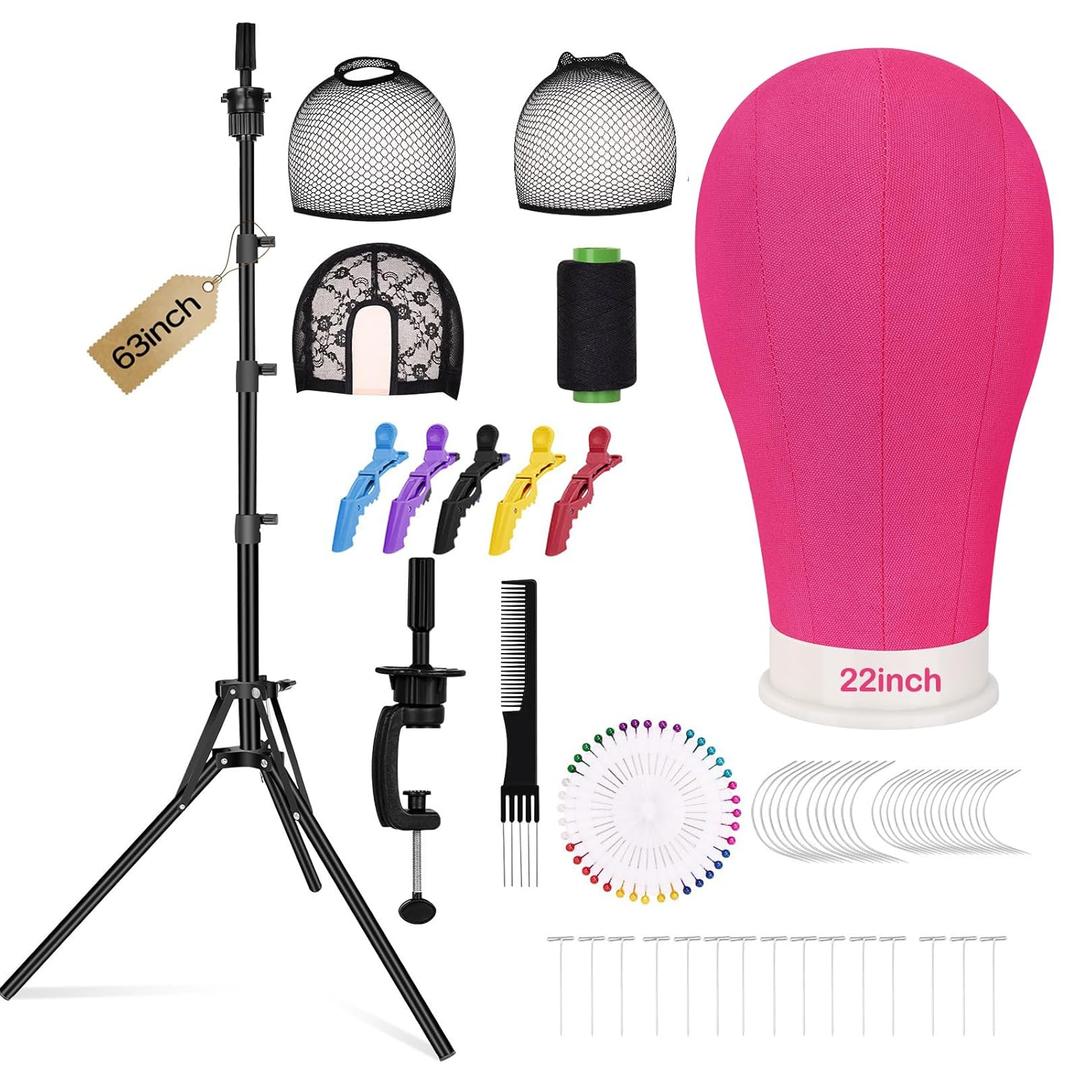 Beauty Star 63inch Tall Wig Stand Tripod with Head, 22in Canvas Mannequin Head with Adjustable Wigs Tripod Stand for Making Wigs Display Styling Including Wig Caps, Pins and Comb (Rosy)