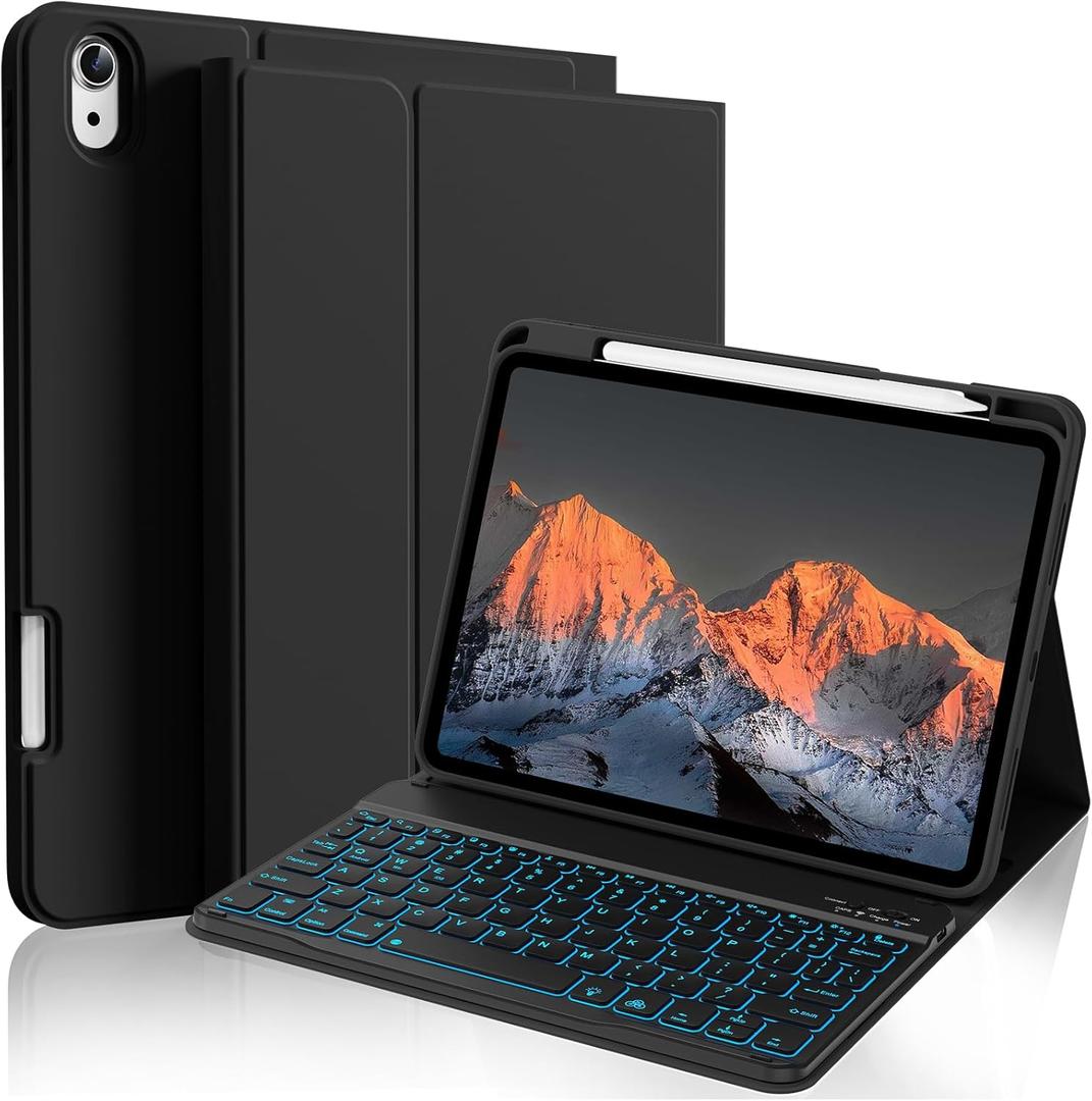 kenke for iPad 11/10th Gen Case with Keyboard 11/10.9 inch 2025 A16/2022, Detachable Wireless Bluetooth with Right Side Pencil Holder, Backlit Black Square Keycaps (Black)