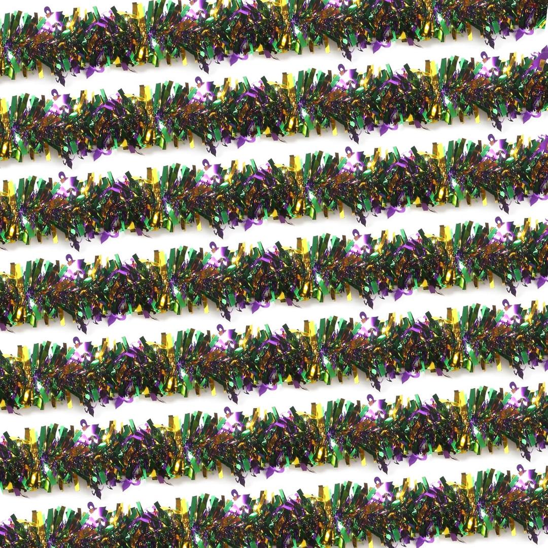 100 Feet Mardi Gras Tinsel Garland Gold Green Purple Garland Mardi Gras Christmas Tree Tinsel Metallic Twisted Hanging for Oktoberfest Birthday Party Decoration