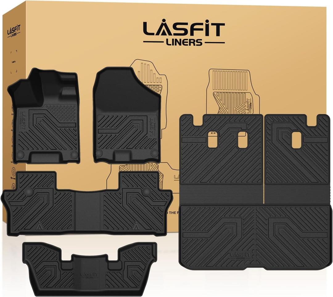 LASFIT Floor Mats & Cargo Mat for Honda Pilot 2016-2022 (7 Passengers), Split & One-Piece Foldable Seating TPE Floor Liners Accessories, 1st & 2nd & 3rd Row & Cargo Liner with Backrest Mat, Black