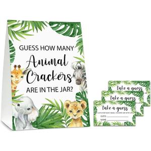 ISOVF Guess How Many Animal Crackers Baby Shower Game, Jungle Animal, Safari Theme Baby Shower Game - 1 Standing Sign and 50 Cards for Gender Neutral-LK-D05