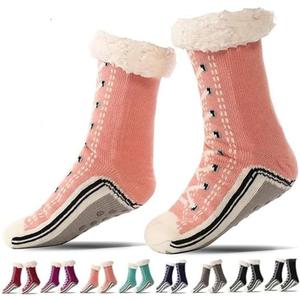 Slipper Socks Valentine for Women Men Couple, Fuzzy Cashmere Fleece Lined Socks, Ultra-Thick Warm Non-Slip Silicone Grips for Indoor Home, Cozy Winter (Pink)