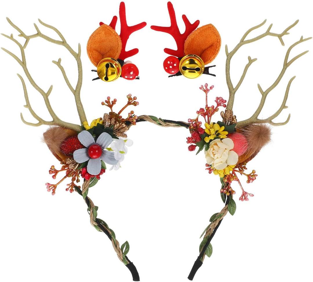 2 x Deer Reindeer Elk Headbands: Women Girls Fairy Headwear Floral Flower Headdress Hairband for Christmas Xmas Party
