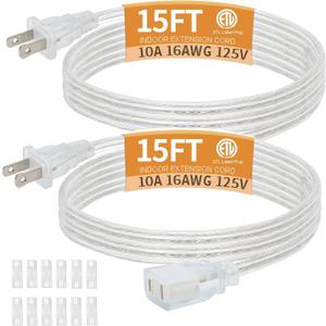 15 Ft Clear Extension Cord Indoor Thin, 2 Prong Extension Cord with UL Certified, Extension Cords for Light Fixtures Male to Female, 2 x 16AWG 10A/125V 2 Pack