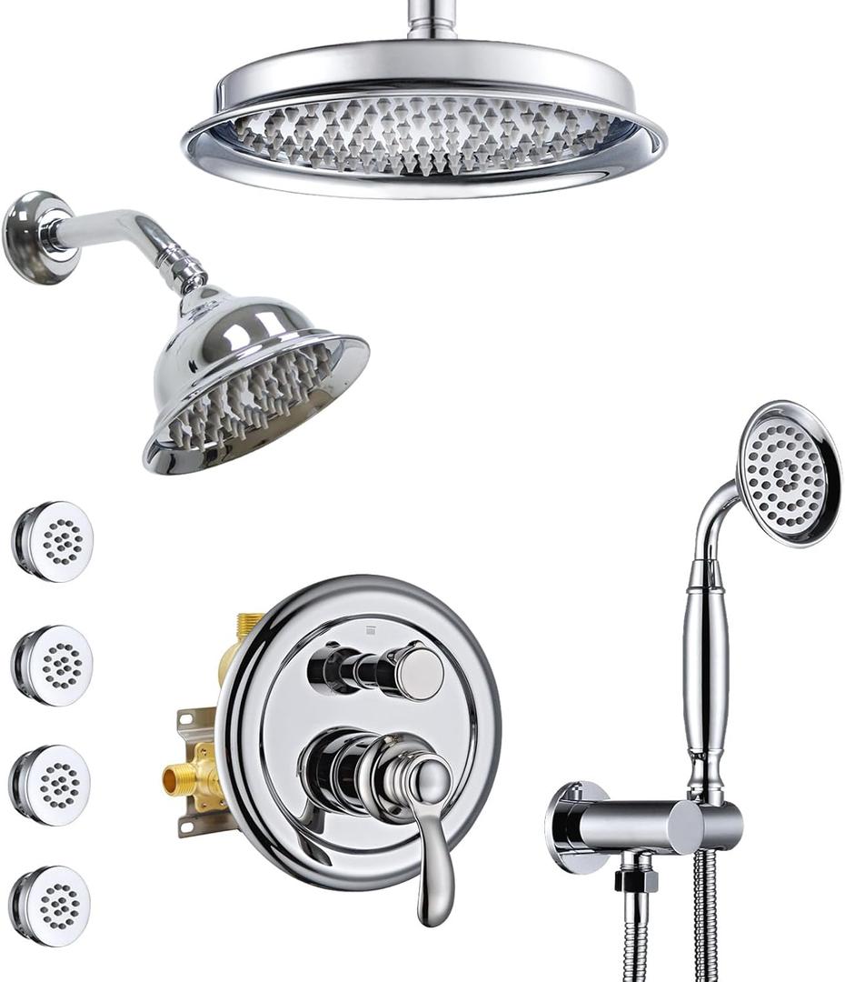 Dual Antique Shower Head System with Body Jets: 9" Ceiling Mounted Rain & 6" Wall Mount Vintage Rainfall and Handheld Spray Faucet Set, 4 Way Diverter Brass Valve with Trim Kit, Chrome