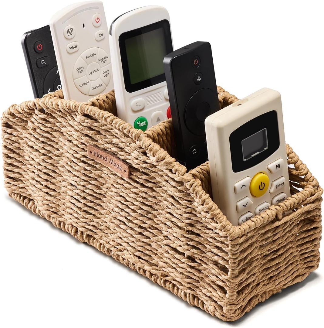 Handwoven Remote Control Holder Basket, Boho Desk Organizer with 5-Compartment Storage TV Remotes, Office Supplies for Living Room, Bedroom, Office (Natural)