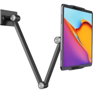 BEWISER Tablet Wall Mount Holder, 360 Rotating Flexibly, Angle Adjustable, Folding Aluminium Alloy Compatible with4.7-12.9" Phone or Tablet in Kitchen/Office, (Space Gray)