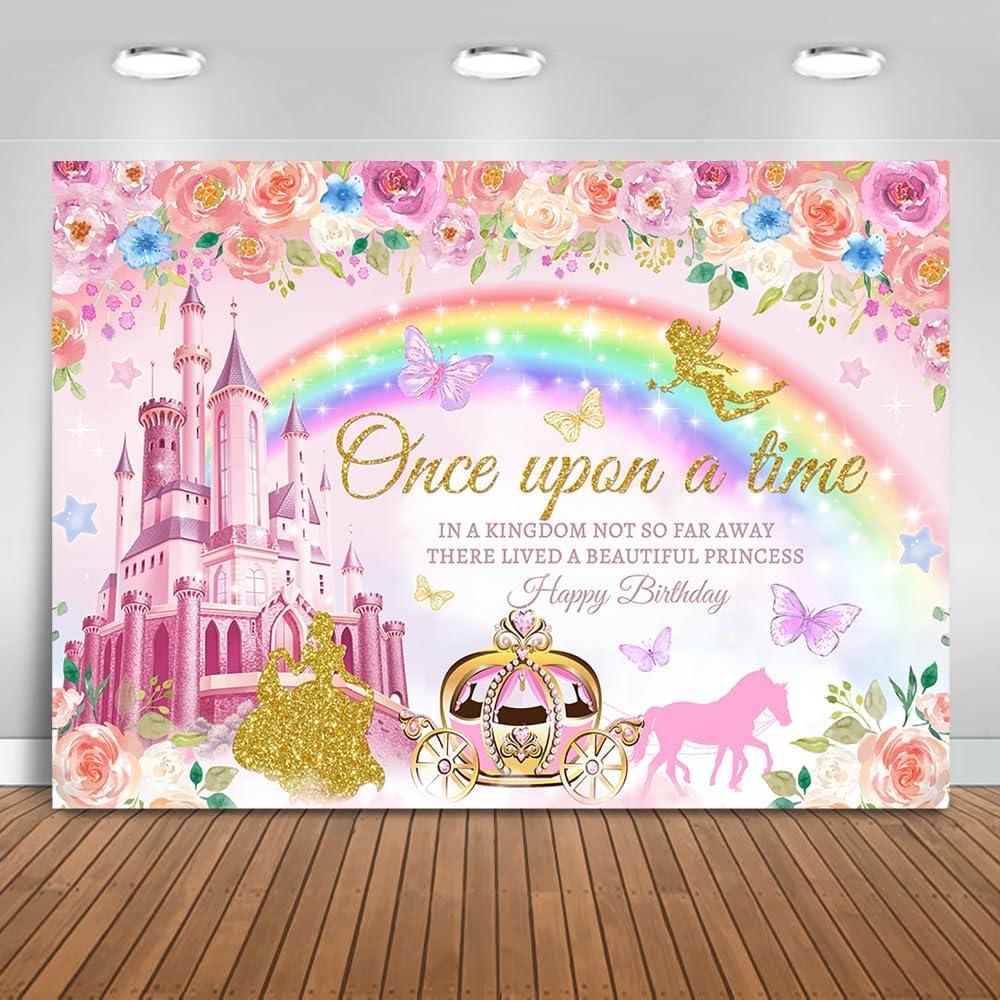 Mocsicka Princess Happy Birthday Backdrop Pink Royal Castle Carriage Floral Birthday Backdrop Princess Theme Girl Birthday Party Decorations Banner Photo Studio Props (7x5ft)