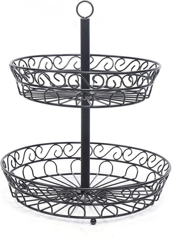 Fruit Basket with 2 Tier Design, 12 x 12 x 18 in Black Metal Wire , Home Kitchen Organization For Vegetables, Fruits and Bread - Gift