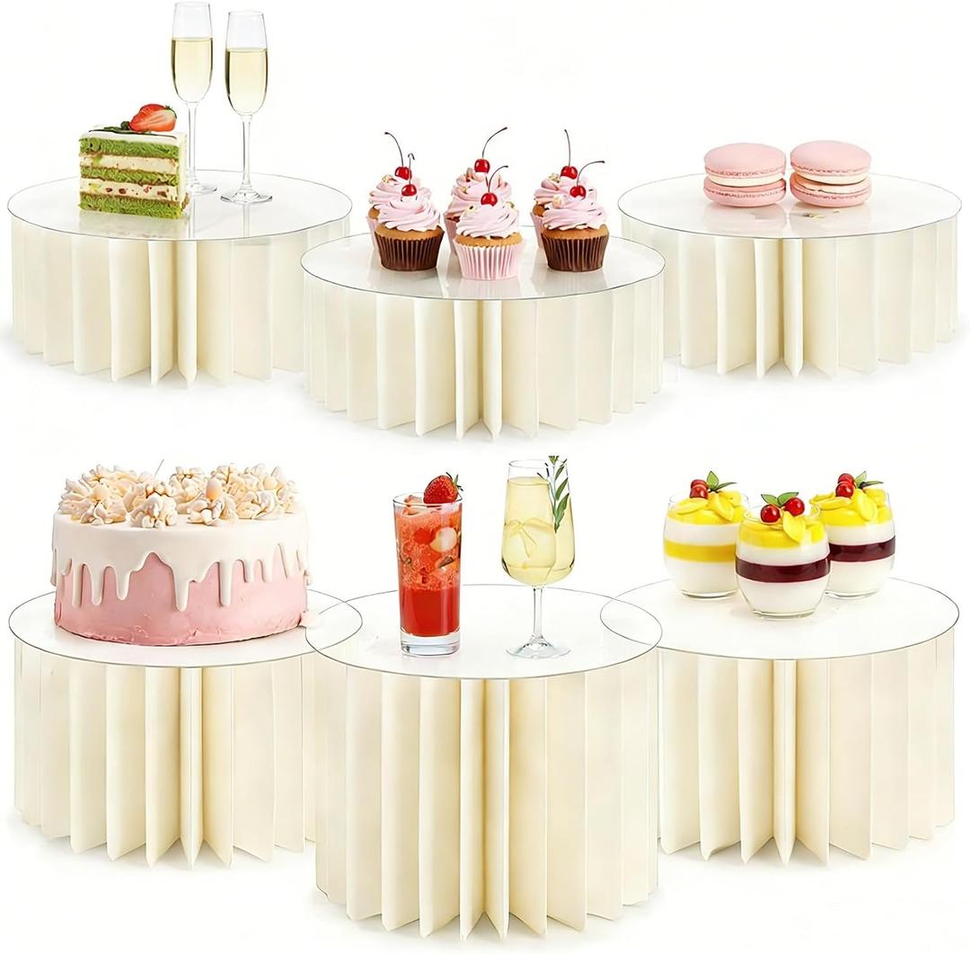 Hacaroa 6 Pack Foldable Buffet Risers Display Stands, 12 Inch Paper Cylinder Cake Cupcake Stand with Acrylic Tops, Food Risers Dessert Table Display Set for Party, Wedding, Birthday Décor, Off White