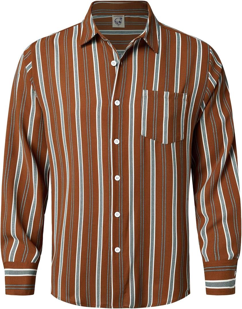 Hardaddy Men's Classic Color Contrast Striped Shirt Long Sleeve Casual Button Down Shirts Blouse (XX-Large, Brown)