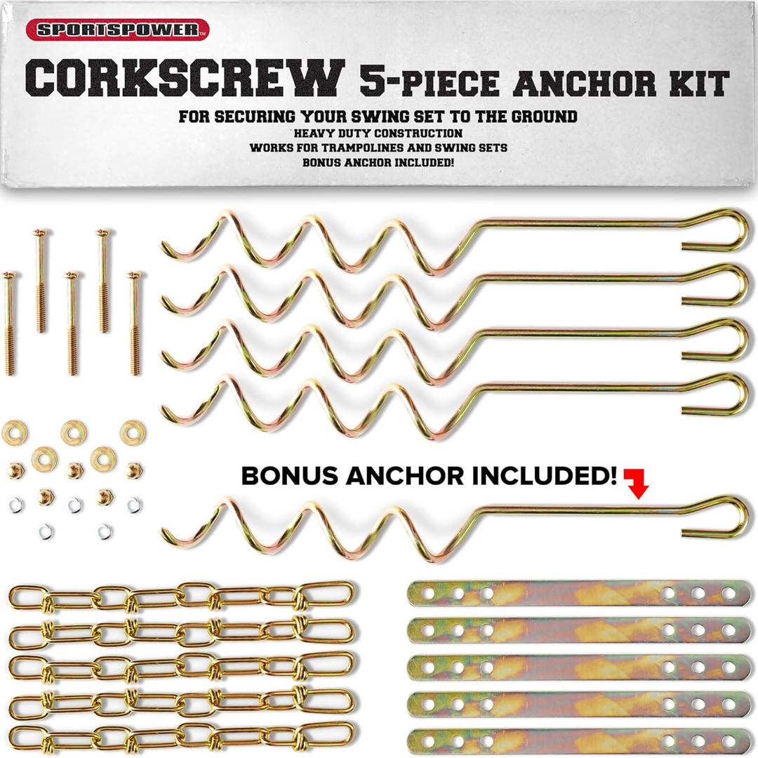 Sportspower MSC-5672 Deluxe Corkscrew 5-Piece Metal Ground Anchor Hardware Kit for Swing Sets and Trampoline - Gold