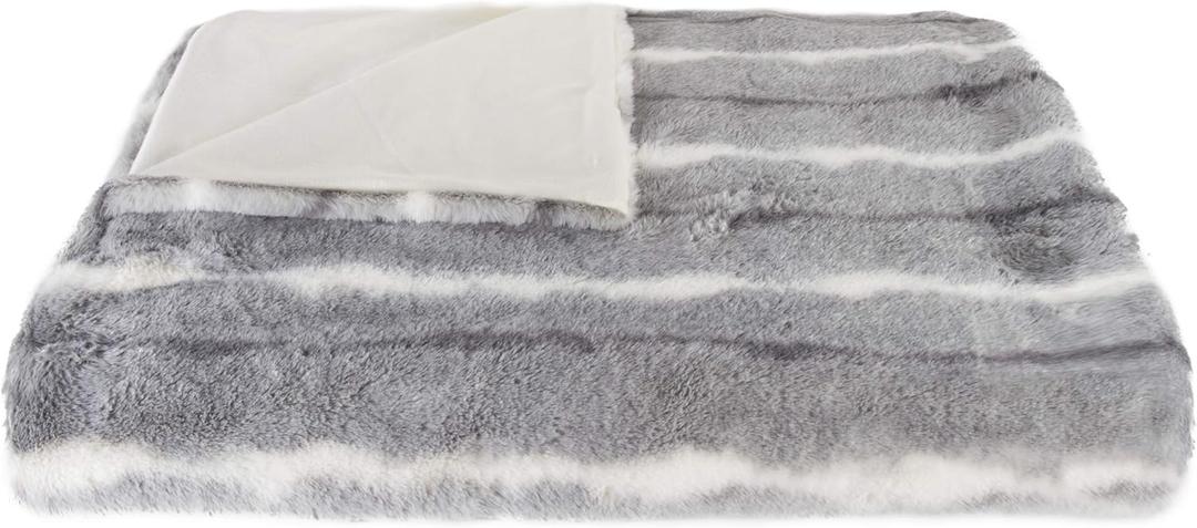 Luxe Faux Fur Throw Blanket 50 x 60 Inch | Fuzzy Blanket with Plush Faux Fur Pile and Soft Fleece Back | Machine Washable Warm Fluffy Blanket for Bed or Couch, Dayton Grey/White/Black
