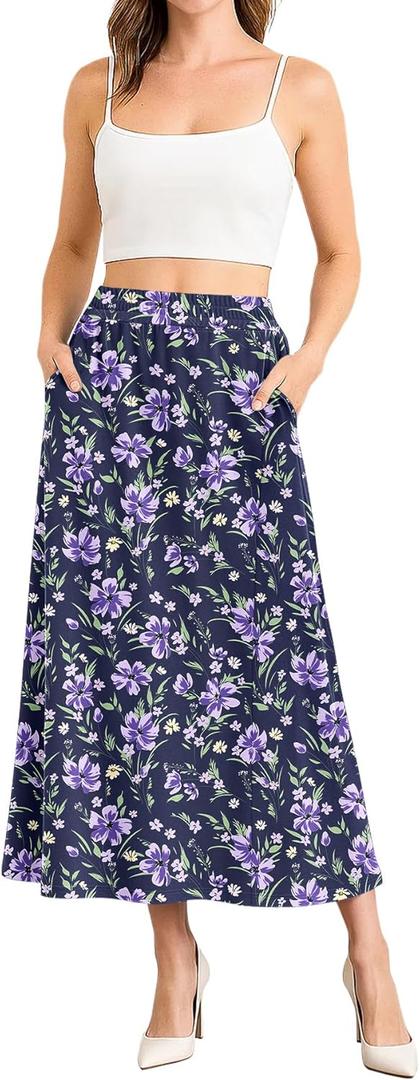 NILOUFO Women Trendy Maxi Skirts Casual High Waisted Elastic A-Line Long Skirt with Pockets (XL)