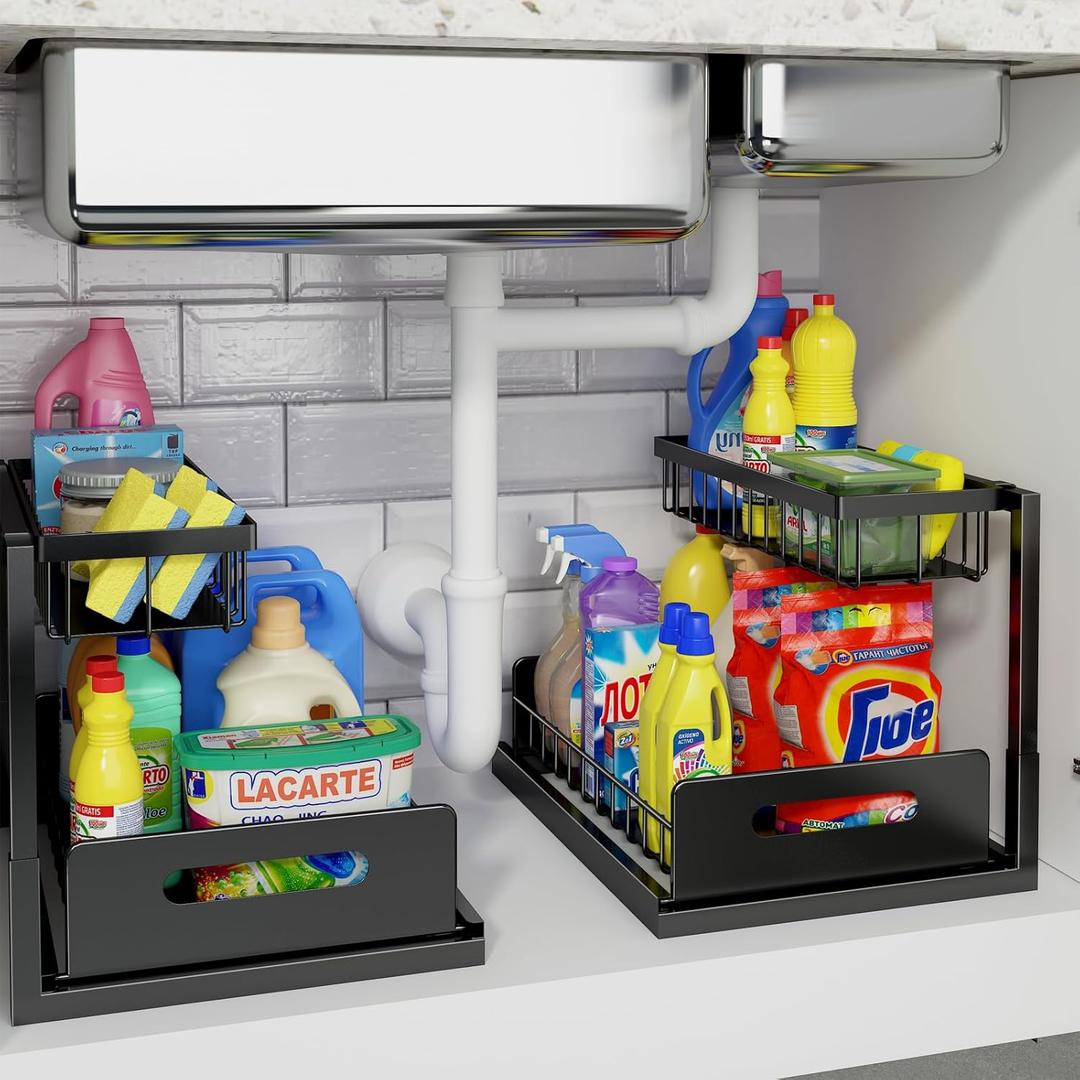 REALINN Under Sink Organizer, Pull Out Cabinet Organizer, 2 Tier Metal Slide Out Shelf with L Shaped Design for Kitchen, Bathroom, Laundry, and Utility Cabinet Storage for Deep Cabinets, Black, 2 Pack