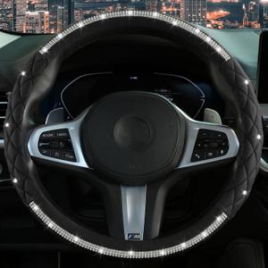 Diamond Steering Wheel Coverwith Bling Crystal Rhinestone, Delicate and Anti-Slip Sparkly Sedan Steering Wheel Cover Adaptable to 14.5-15 inches Car Wheel Protector for Women GirlBlack