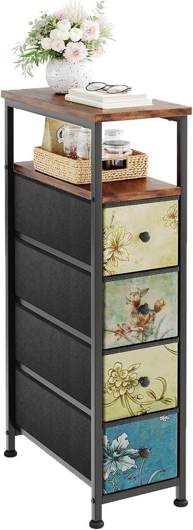 CAIYUN Narrow Dresser Storage Tower with Retro Flowers, Skinny Slim Chest 4 Drawers, Wood Top for Small Spaces, Closet Nightstand, End Table for Bedroom Bathroom Living Room Entryway Home Office Brown (Rustic Brown)