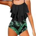 Girls Swimsuit Color Block One Piece Swimsuit 2-Tiered Ruffle Bathing Suit Adjustable Strap Girls' Swimwear 7-16Y (13-14 Years, Black+tropical)