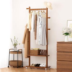 Taitiy Coat Rack Freestanding Clothing Rack with Wheels & 2 Shelves Storage & 5 Hooks Heavy Duty Clothes Rack Wood Coat Tree Stand Hat Hanger Rack for Corner Bedroom Entryway Living Room Hotel, L: 23.6" x W: 11.8" x H: 70.9" (With Wheels)