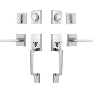 NeuType Front Door Handle Set Satin Nickel Double Door Handle Set with Dummy Heavy Duty Double Door Lock Set, with Single Cylinder Deadbolt and Lever Handle, Compatible with Right & Left Handed Doors