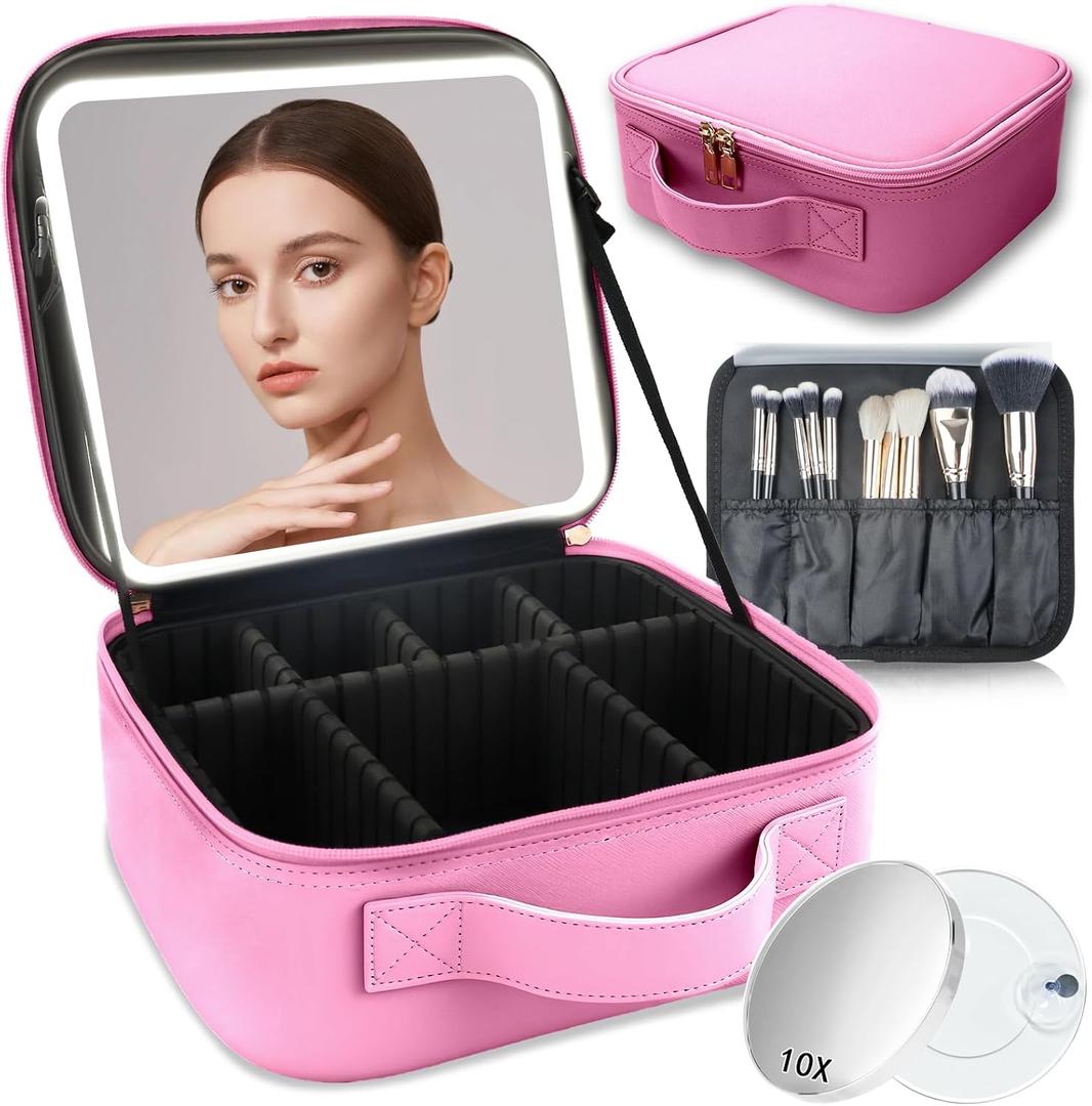 Makeup Bag with Led Mirror,with 3 Color Setting & 10x Magnifying Mirror, Portable Storage and Adjustable Dividers Travel Makeup Bag,for Women and Makeup Artists Large Makeup Cases-Dark Pink