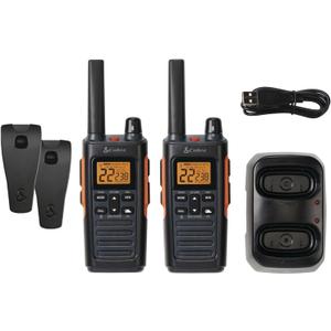 Cobra RX680 Walkie Talkies (2-Pack) - Rugged & Splashproof Two Way Radios Long Range, IP54 Water Resistant Design, 60 Pre-Programmed Channels, Weather Alerts, Included Charging Dock (Black/Orange)