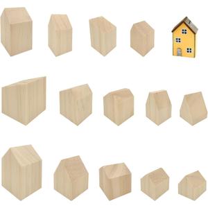 GeryVtee 14pcs Unfinished Wooden House Shaped Blocks Blank Wood Cutouts House Wooden Craft for Home Kitchen Office Shelf Coffee Bar Decor Blocks for Crafts