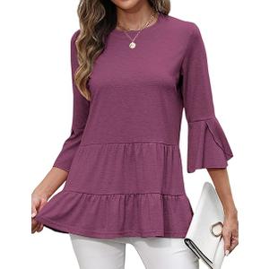 CiCiBird Women's 3/4 Ruffle Sleeve Babydoll Top Loose Peplum Crewneck Tunic 2025 Fashion Casual Shirt, Size S
