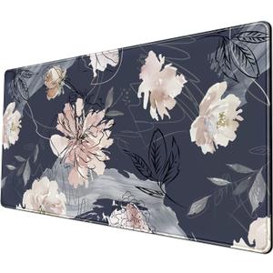 XL Mouse pad Gaming Mouse Pad (31.5x15.7 in), Large Non-Slip Base Mousepad with Stitched Edges, Waterproof Keyboard Mouse Mat Desk Pad for Work Blue and Grey Pink White Peony  (A- Navy Blue)