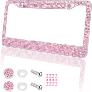 Bling Car License Plate Frame Holder,2 Hole Stainless Steel Car Plate Frame with Crystal Diamond,Sparkly US Standard Car Plate Holder as Birthday Gifts for Women&Girl (Pink)