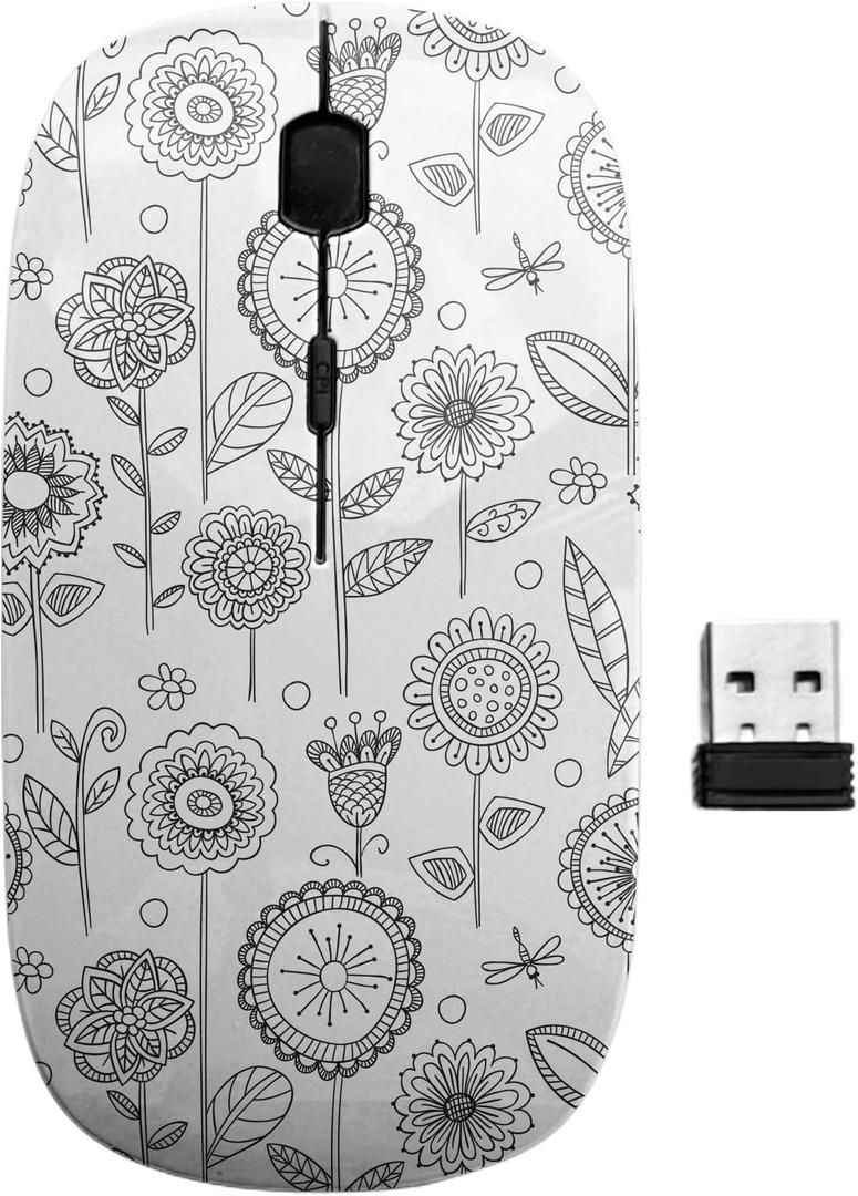 2.4GHz USB Wireless Mouse, Boho Zentangle Pattern, Ergonomic Slim Computer Mice for Kids