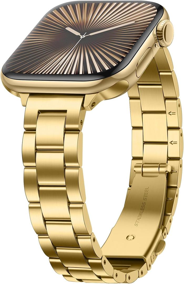 Anlinser Bands Compatible with Apple Watch Band 42mm 41mm 40mm 38mm, Women Slim Stainless Steel Metal Strap for iWatch Series 10 9 8 7 6 5 4 3 2 1 SE (Gold)
