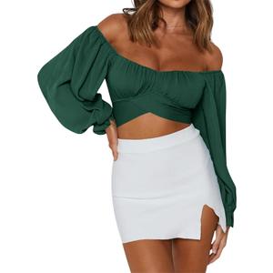 LYANER Women's Cute Off Shoulder Long Sleeve Self Tie Knot Crop Tube Top Blouse (Large, Dark Green)