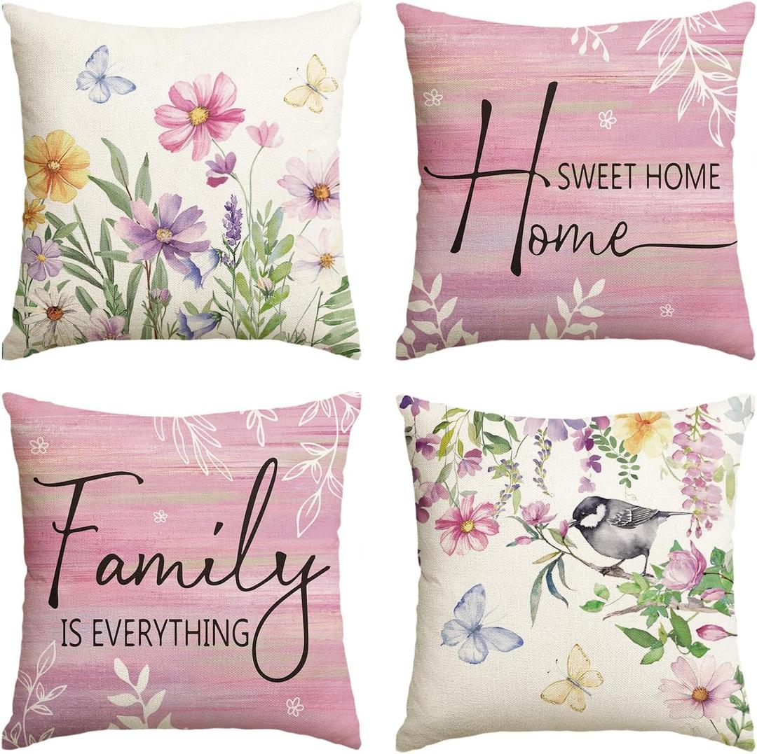 AVOIN colorlife Spring Saying Flowers Butterfly Pink Throw Pillow Covers, 18 x 18 Inch Home Sweet Home Cushion Case for Sofa Couch Set of 4