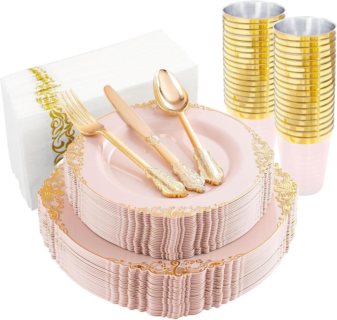 Morejoy 175pcs Pink Plastic Plates - Pink and Gold Disposable Plates sets, Include 25 Dinner Plates,25 Dessert Plates,25 Cutlery Sets,25 Napkins Perfect for Wedding & Party & Holiday & Christmas