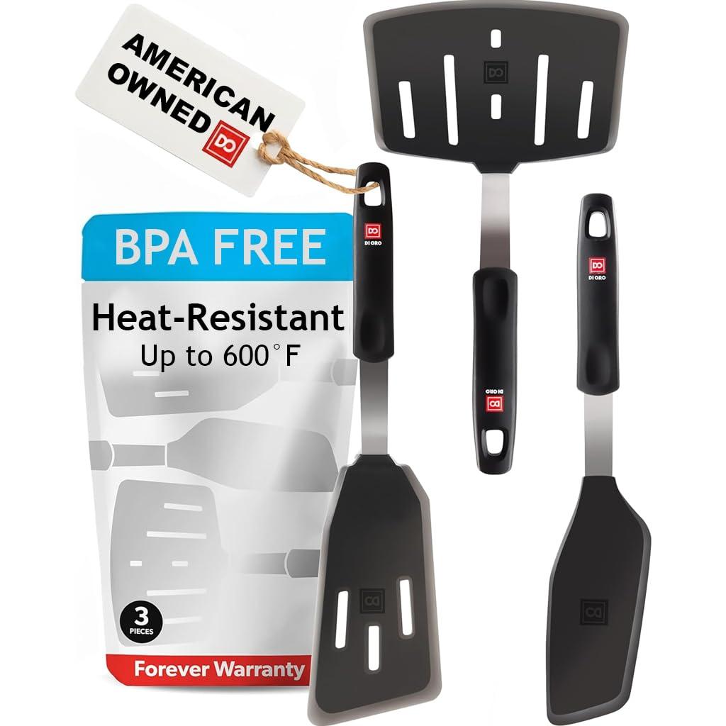 DI ORO Spatulas for Kitchen Use - Forever Warranty - 600°F Heat-Resistant Silicone - Turner Spatula Set for Cooking - BPA Free Wide Pancake Spatulas - Egg Flippers for Nonstick Cookware Safe (3pc)