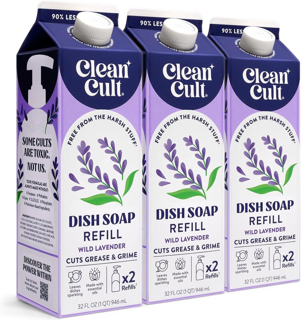 Cleancult Dish Soap Liquid Refills (32oz, 3 Pack) - Plant Based Cleaning Power - Dish Soap that Cuts Grease & Grime - Free of Harsh Chemicals - Uses 90% Less Plastic - Wild Lavender