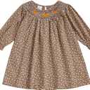 Little Toddler Girl Fall Outfit Floral Pattern Bow Long Sleeve Dress Smocked Bubble Baby Clothes (Brown)