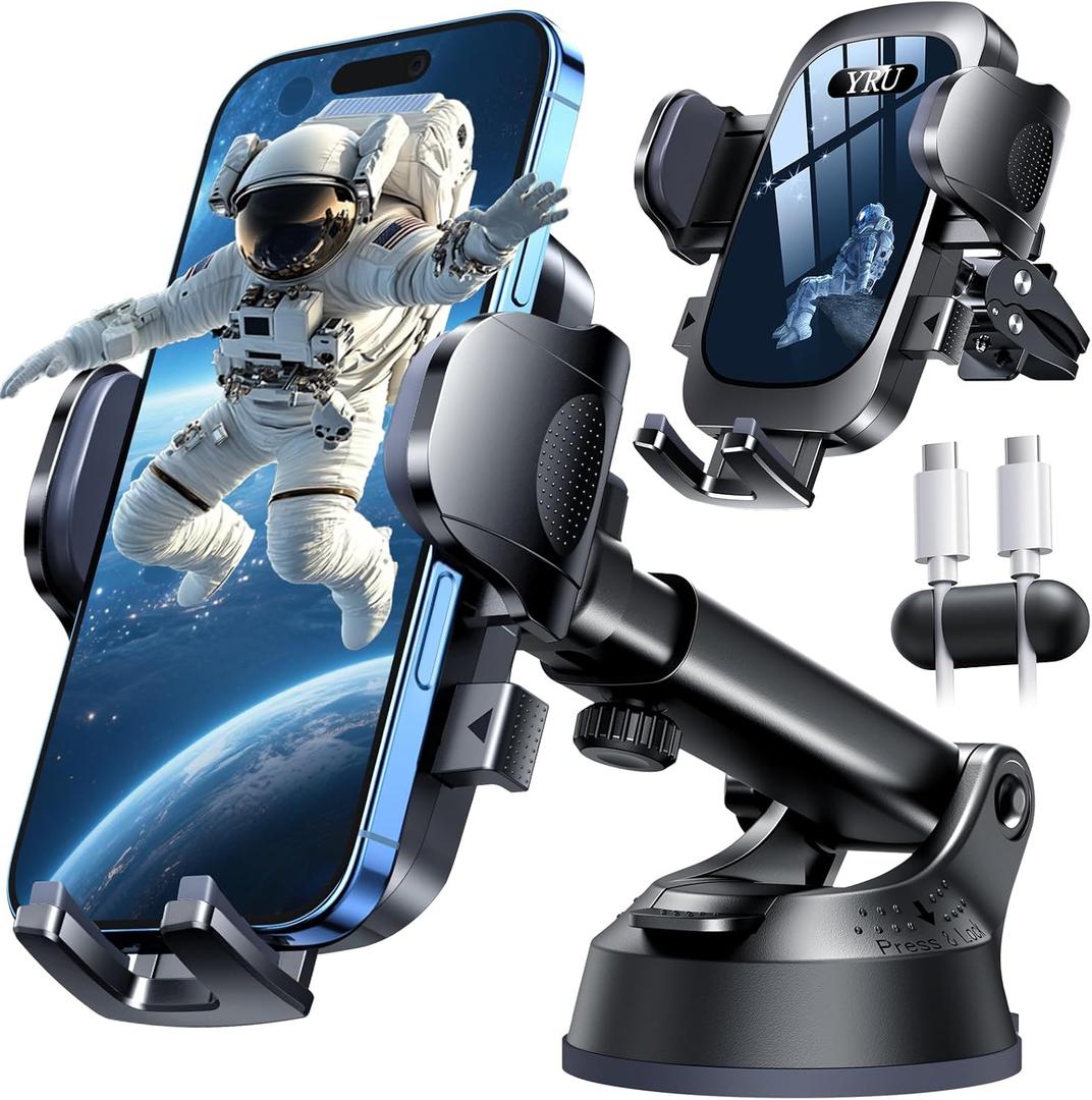 YRU [True Upgrade for Safety] Car Phone Holder Mount [Patent & MilitaryGrade] Dashboard Cell Phone Holder for Car Vent Windshield Phone Stand for iPhone 17 16 15 14 13 Pro Max Truck Samsung, Black