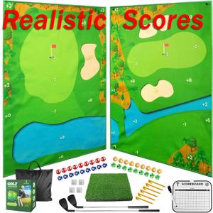 Battle Golf Game - Dual-Sided Golf Mat, Realistic Golf Course Design & Scoring System, Adjustable Height Clubs - Thick Grass-Like Golf Mat for Indoor/Outdoor Family Golf Activity (2 Clubs, 36 Balls)