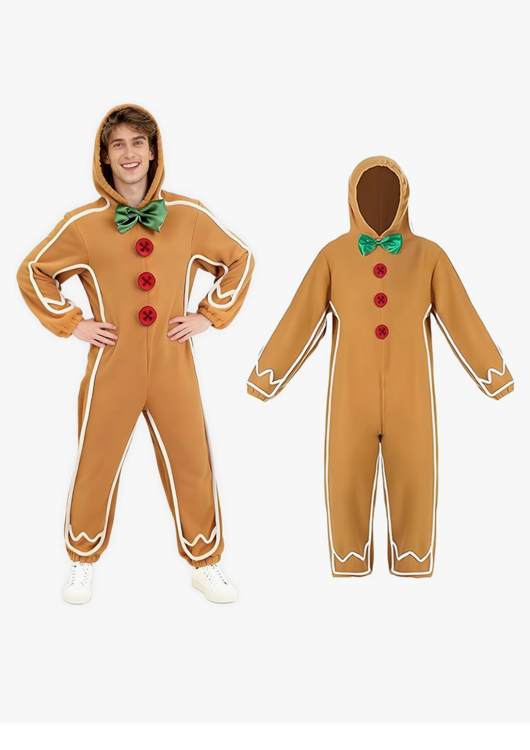 Gingerbread Man Costume Long Sleeve Hooded Jumpsuit for Christmas Outfit Cosplay