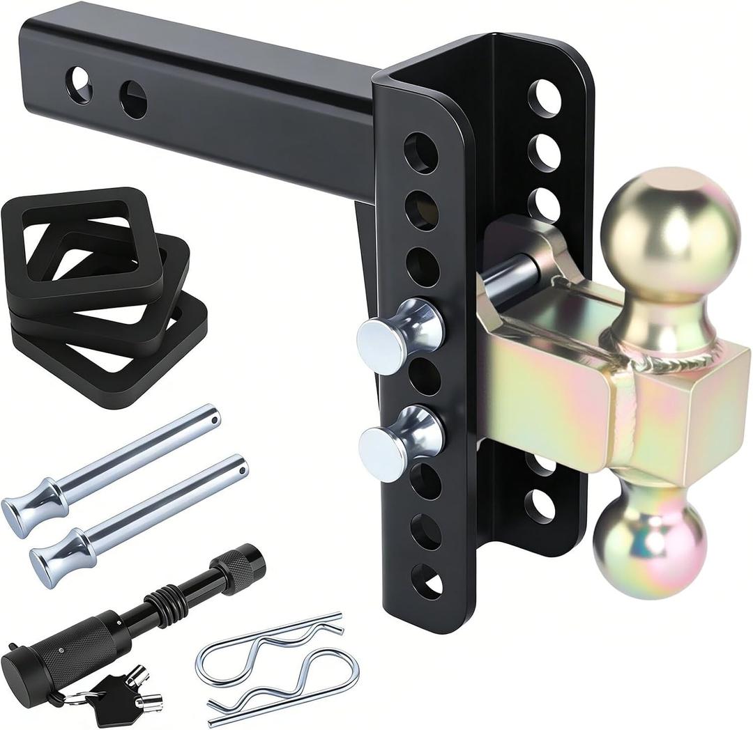Adjustable Drawbar Trailer Hitch Fit for 2-Inch Receiver with 6" Drop/Rise and Carbon Steel 2" and 2-5/16" Ball Hitches Heavy Duty for Max Towing 20000 LBS (Gold&Black)