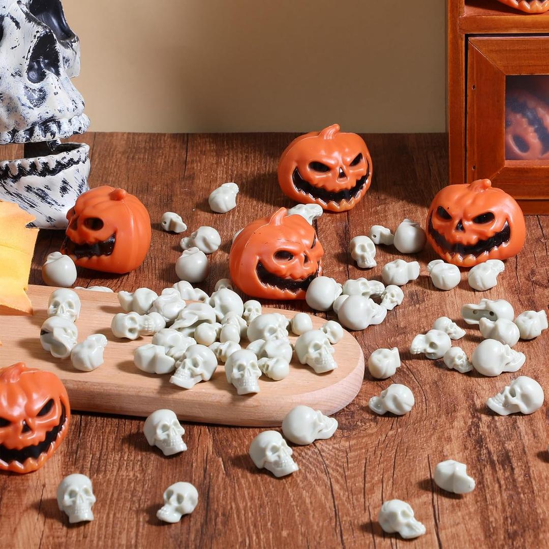 Amyhill 100 Pcs Halloween Mini Skull & Mini Ghost Pumpkin Set Include 75 Miniature Skeleton Head Figurine & 25 Pumpkin Skull Figurines for Halloween Party Favor Home Table Decor